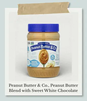 Peanut Butter & Co.のホワイトチョコレートワンダフルピーナッツバターの瓶。ブルーのキャップに白いラベルが特徴で、トーストやおやつにぴったりの甘いスプレッド。