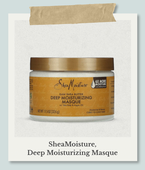 SheaMoisture（シアモイスチャー）の未加工シアバター配合ディープモイスチャライジングマスク（326g）。昆布とアルガンオイル配合のヘアトリートメント。ポラロイド風。