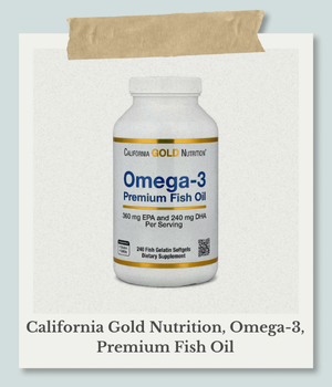 iHerbで購入したカリフォルニアゴールドニュートリションのオメガ3、プレミアムフィッシュオイルの製品画像。LDL対策、肌、記憶力サポートのためのサプリメント。