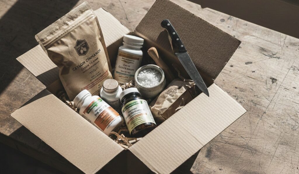 iHerb(アイハーブ)から届いた段ボール箱と、中に入ったサプリメントやオーガニック食材。暮らしを整えるための購入ログ。