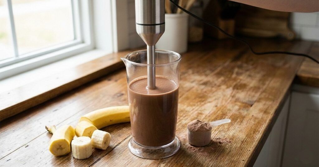 ゴールドスタンダードのプロテインとバナナ、アーモンドミルクをハンドブレンダーで混ぜてシェイクを作る様子
