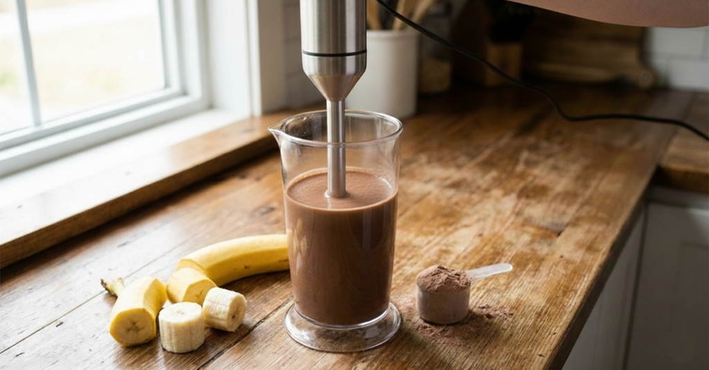 ゴールドスタンダードのプロテインとバナナ、アーモンドミルクをハンドブレンダーで混ぜてシェイクを作る様子