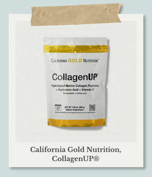 California Gold Nutrition「CollagenUP®」のパッケージが、ポラロイド写真のような白いフレームに収まり、上部がマスキングテープで留められたデザイン画像。