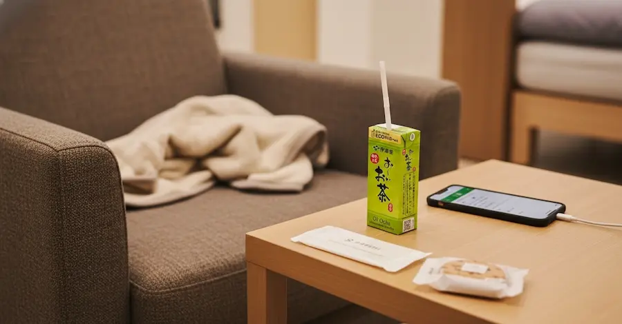 手続きの合間にソファーの横で休憩する紙パックのおーいお茶とスマホ