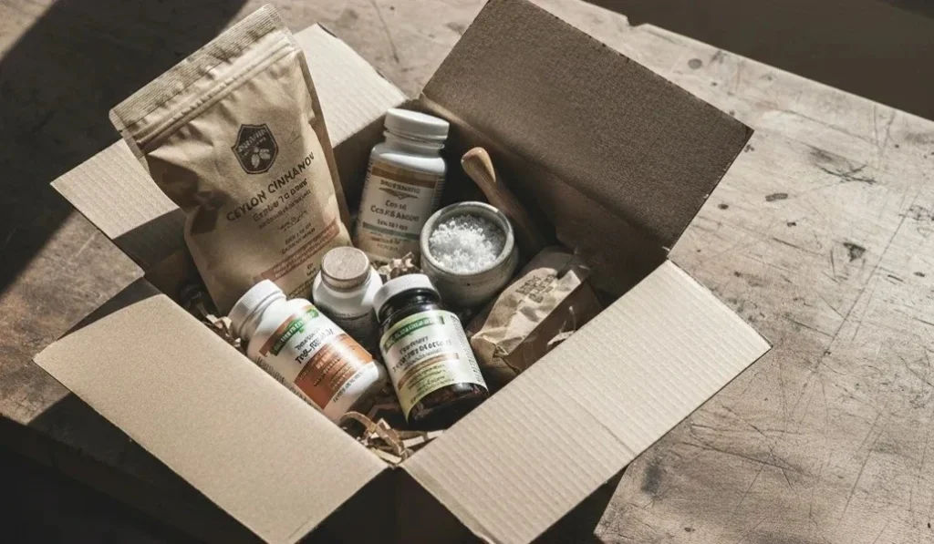 iHerb（アイハーブ）から届いた段ボール箱と、中に入ったサプリメントやオーガニック食材。暮らしを整えるための購入ログ。