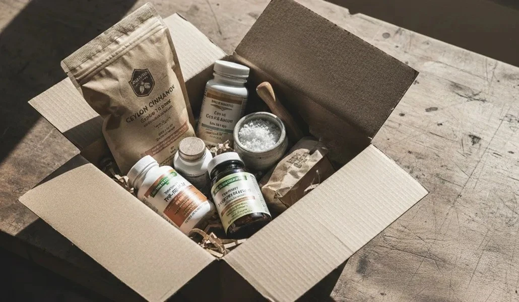 iHerb（アイハーブ）から届いた段ボール箱と、中に入ったサプリメントやオーガニック食材。暮らしを整えるための購入ログ。